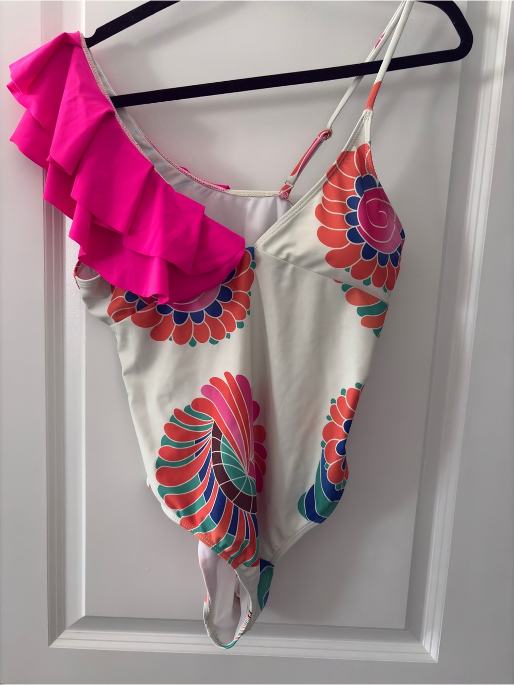 White One-Shoulder Ruffle Swimsuit with Pink & Multicolor Floral Print M